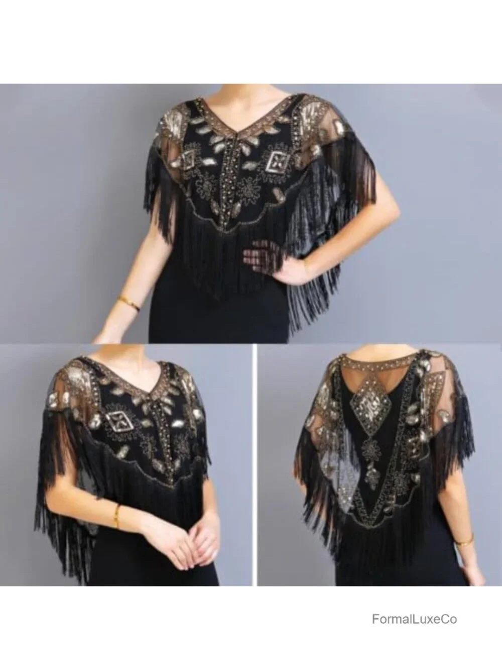 1920s Sequin Beaded Flapper Evening Shawl Wrap Short Capelet Cover Up